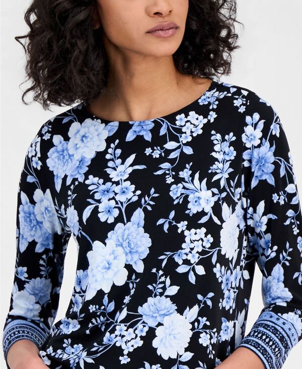 アンクライン レディース アウター ニット・セーター プリント Anne Klein Womens Printed 34Sleeve BoatNeck Top Anne Black Multi ブラッ