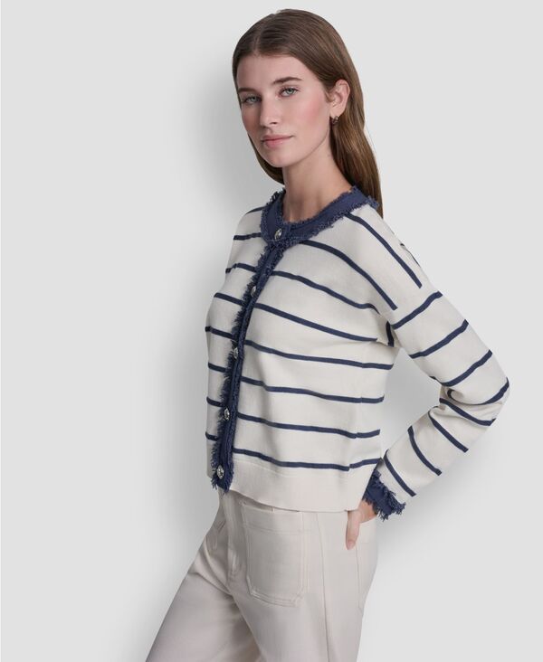 ダナキャランニューヨーク レディース アウター ニット・セーター クルーネック カーディガン DKNY Jeans Womens Crew Neck Striped Cardigan Eggnogin