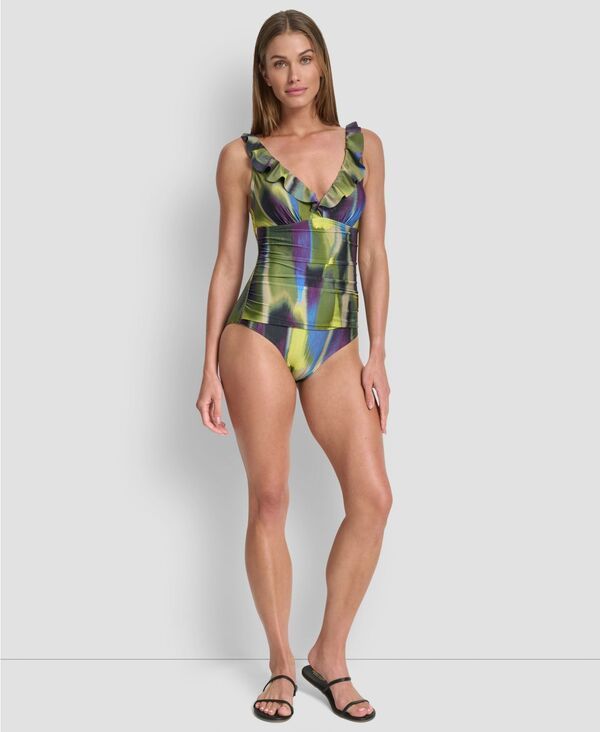 ダナ キャラン ニューヨーク レディース 水着 上下セット フリル DKNY Womens Ruffle Plunge Underwire Tummy Control OnePiece Swimsui