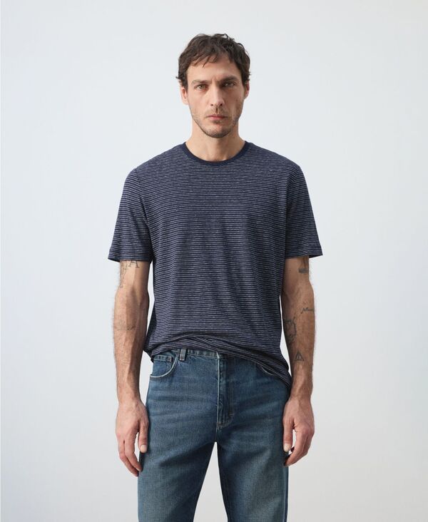 マンゴ メンズ トップス Tシャツ リネン MANGO Menstriped SlimFit Linen TShirt Ink Blue ブルー