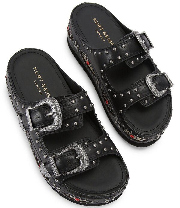 カートジェイガーロンドン レディース シューズ サンダル レザー Kurt Geiger London Western Buckle Stud Slide Leather Flatform Sanda