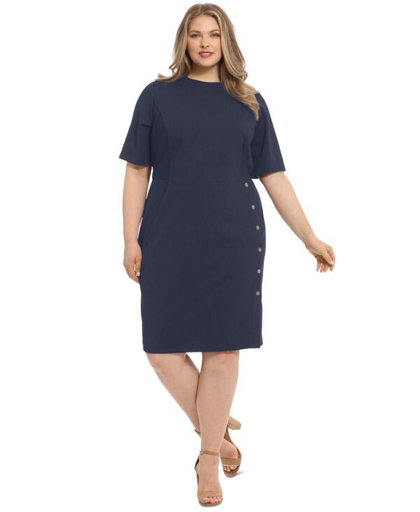 ロンドンタイムス レディース トップス ワンピース プラスサイズ London Times Plusize ButtonTrim Sheath Dress Navy ネイビー