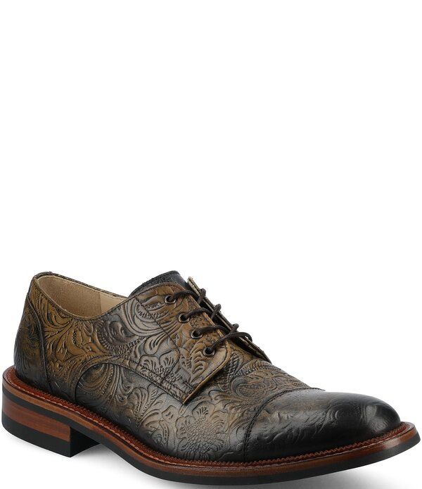 タフト メンズ シューズ フラワー柄 オックスフォード キャップ レザー フラワー Taft Mens Romembossed Floraleather Cap Toe Oxfords Oro Vie