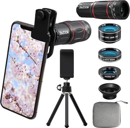 4in1スマホ 望遠レンズ セット HD28倍単眼鏡 小型 望遠鏡 携帯望遠レンズ【28x望遠鏡/広角レンズ/マクロレンズ/魚眼レンズ】 超軽量 スマホカメラレンズ【クリップ式交換レンズ+スマホホルダー+三脚付き】外付けレンズ スマートフォン用 ボウエンkoe