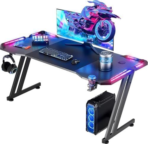 HLDIRECT ゲーミングデスク ゲーミングテーブル LED付き「メーカー一年保証」幅120cm*奥行60cm 炭素繊維天板 ZZ字脚 耐荷重80KG pcデスク パソコンデスク ゲームデスク ゲーム用机 炭素繊維天板 ヘッドフォンフック カップホルダーｍａ