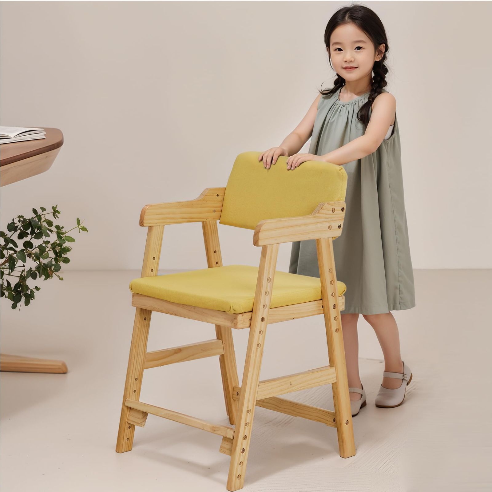 VECELO キッズチェア 子ども用 幅48cm 【背もたれ・座面・足置き調節可能】 学習椅子 キッズ 勉強椅子 デスクチェア ダイニング チェア デスク 大人 こども 学習 学?椅 木製 子供 デスク 組み立て式 背もたれ イエローｍａ