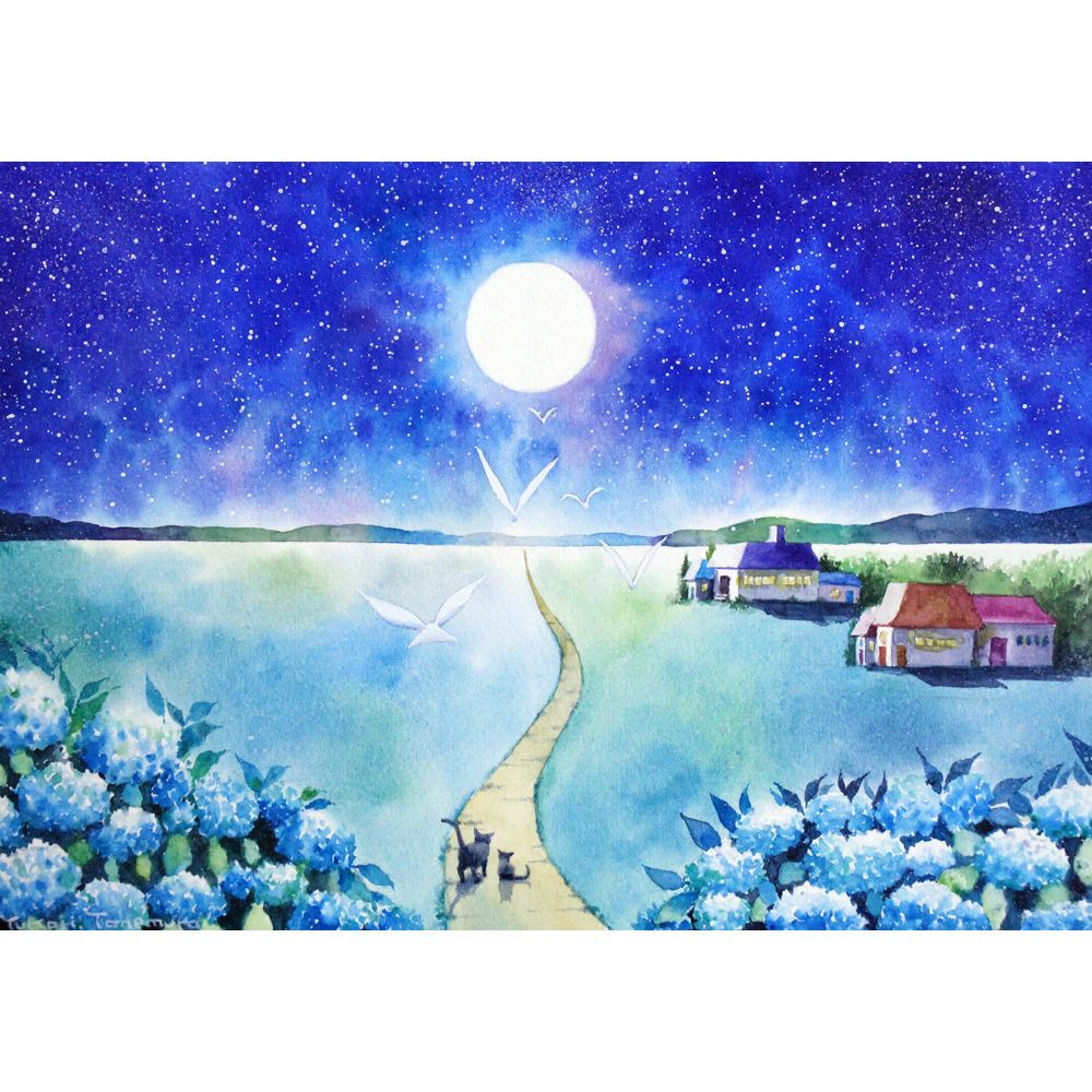 やなせたかし　原画　水彩画　メルカリ便にて発送致します 原画）夜半の月【SMサイズ／水彩画／#3140】 - メルカリ