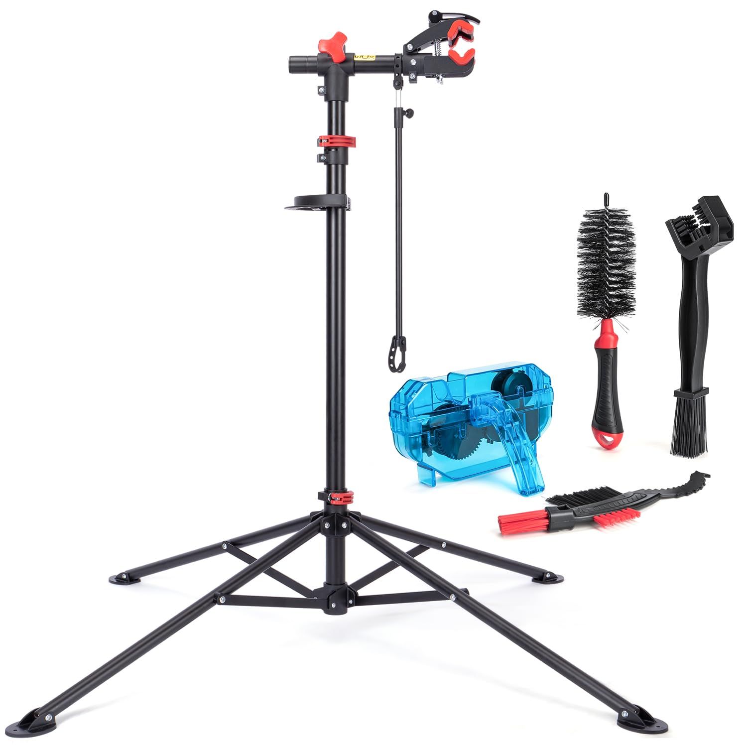 新品 CXWXC 自転車 メンテナンススタンド ロードバイク ワークスタンド 高さ・角度無段階調節可 耐荷重30KG ハンドル支えバー/工具トレー付き 整備スタンド (ブラック（クリーナーセット）)