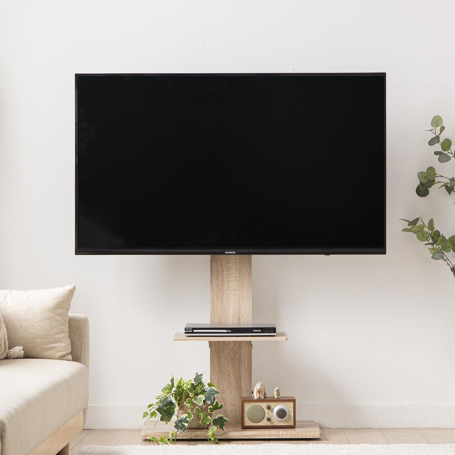 モダンデコ テレビスタンド 32?70インチ対応 壁寄せ キャスター付き ハイタイプ 耐荷重80kg 棚板付き 高さ調節可能 上下＆左右調節可能 首振り 転倒防止 (ナチュラルオーク×ホワイト)ｍａ