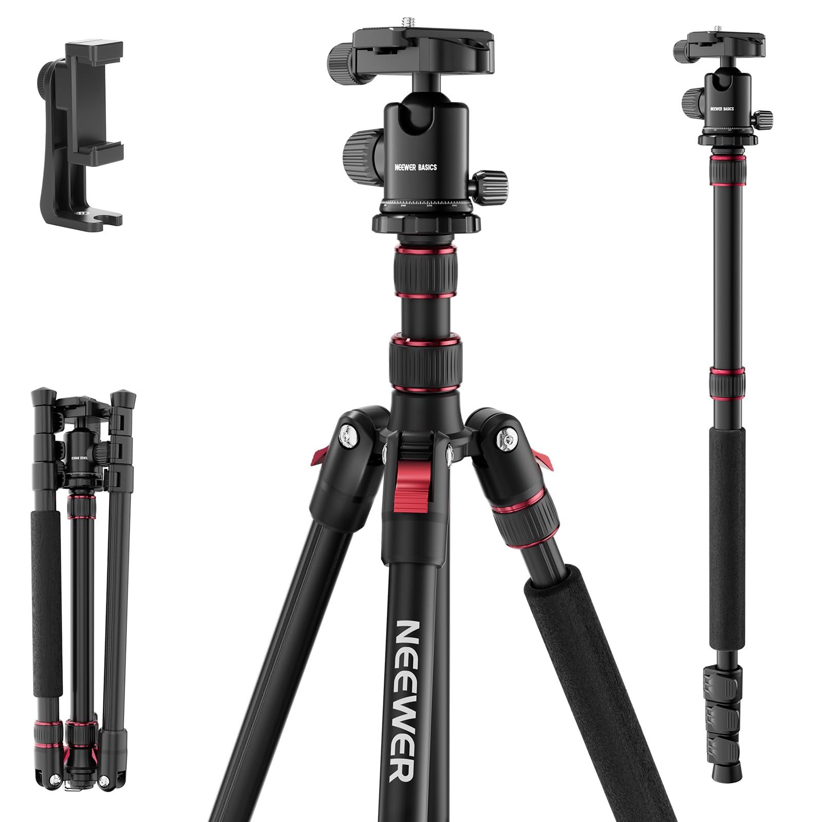 新着商品 NEEWER BASICS カメラ三脚一脚 180cm ビデオ三脚 アルミ製 軽量 コンパクト ポータブル 三脚スタンド 360°ボールヘッド/スマホホルダー付き iPhone対応 一眼レフ/ミラーレス/ビデオカメラ用 耐荷重8kg TP15