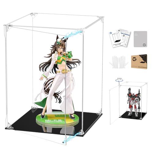 KUKER フィギュアケース UVカット アクリルケース マグネット付き 前扉 コレクションケース ディスプレイケース ショーケース 組み立て式 防汚れ 手袋 クリーニングクロス付き (幅25×奥行25×高さ35cm,台座黒)t e1385622
