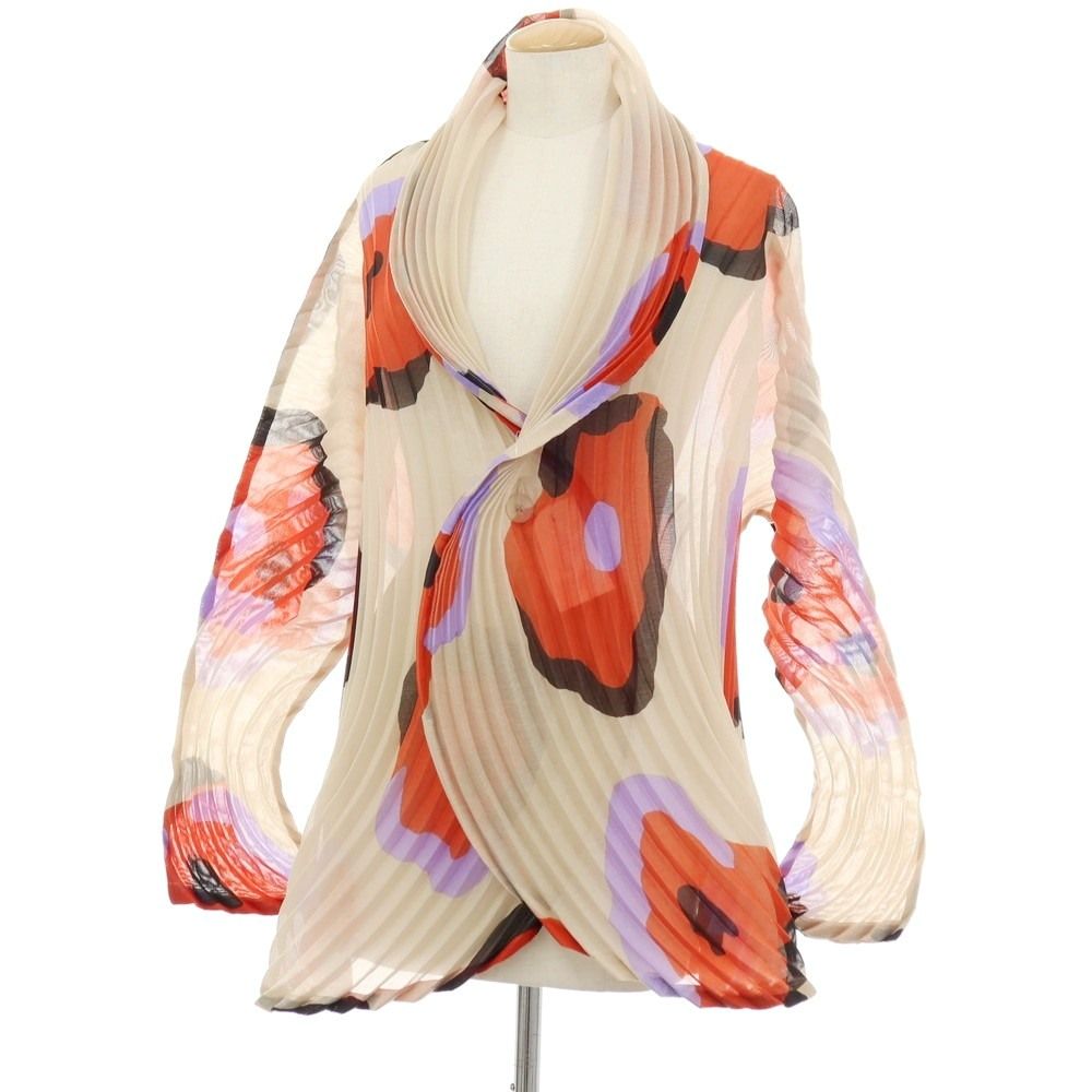 【中古】イッセイミヤケ ISSEY MIYAKE 2026年春夏 プリーツ加工 花柄 フラワー プリント ジャケット ベージュxレッド【サイズ表記なし（L位）】【レディース】
