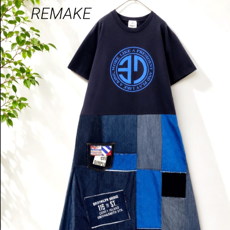 リリメイク☆Tシャツ デニムスカート ドッキング ロングワンピース【L