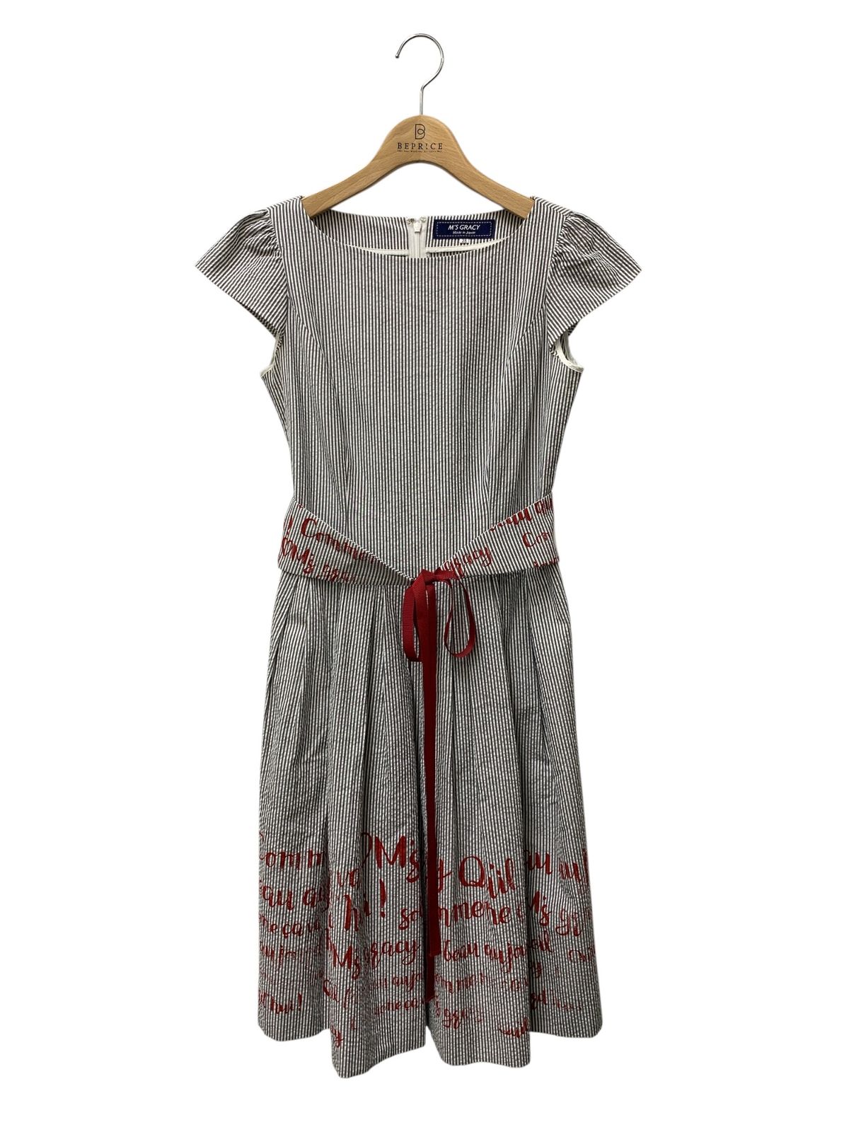 エムズグレイシー Message Print One-piece 911346 ワンピース 38 グレー ストライプ IT4AIIBYNMNK