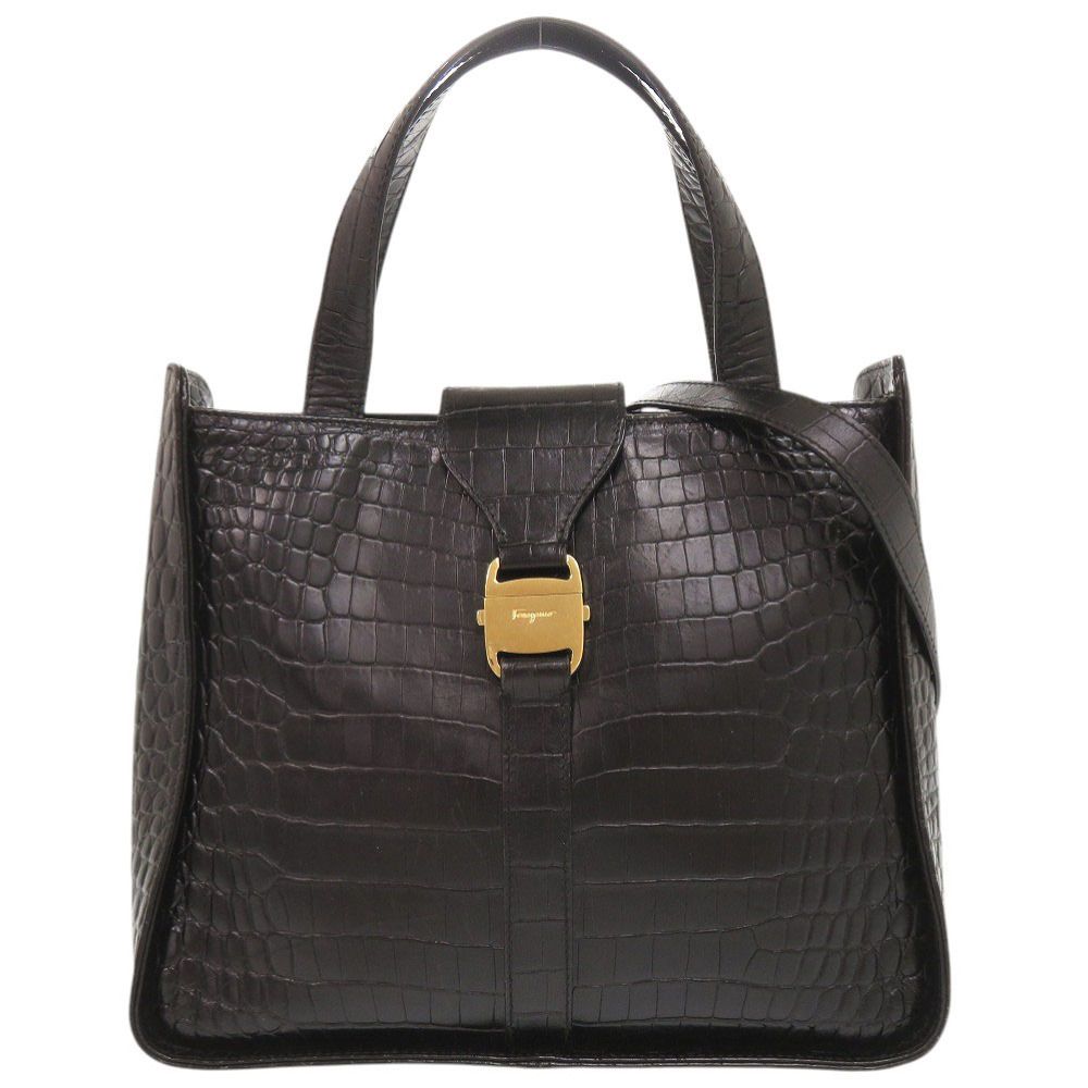 サルヴァトーレフェラガモ 型押しレザー ブラック 2WAY ハンドバッグ ショルダーバッグ 黒 1272 Salvatore Ferragamo