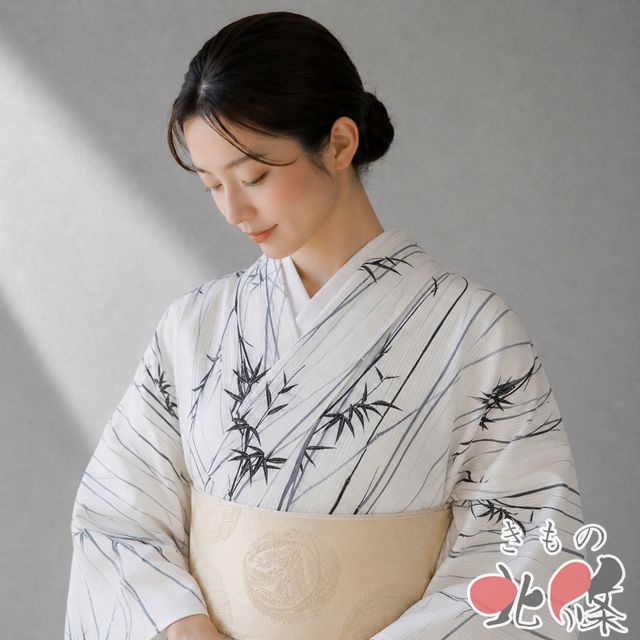 夏物 夏着物 小紋 着物 中古 縦絽 きぬたや謹製 笹竹模様 反端付き 白色 黒色 墨色 身丈167cm 裄68cm L トール きもの北條 A1380-8