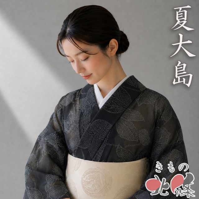 夏物 夏大島 大島紬 着物 中古 正絹 カジュアル 花模様 黒色 身丈160cm 裄64.5cm M きもの北條 A1380-4