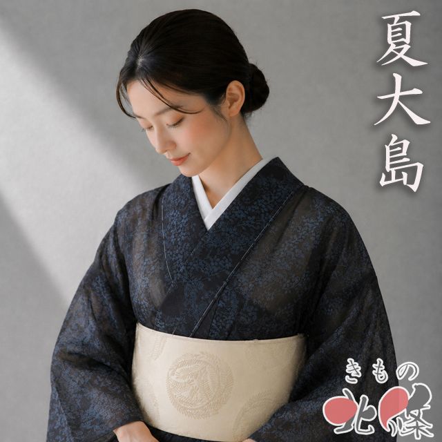 夏物 夏大島 大島紬 着物 中古 正絹 カジュアル 樹花模様 ラベル付き 黒色 灰青色 身丈151.5cm 裄65cm SA きもの北條 A1380-3