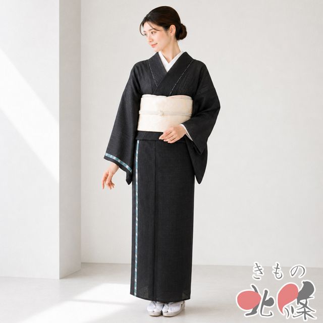 夏物 付け下げ 付下げ 訪問着 着物 未使用 正絹 紋紗 菱紋 花模様 反端付き 黒色 緑青色 金 身丈158cm 裄63cm M きもの北條 A1380-10
