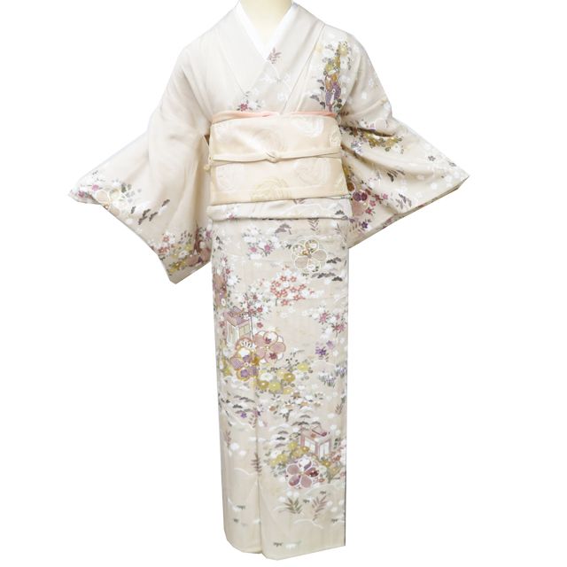 夏着物　訪問着 花柄と刺繍 ベージュ 夏物 夏着物 訪問着 着物 中古 正絹 フォーマル 金駒刺繍 花の図