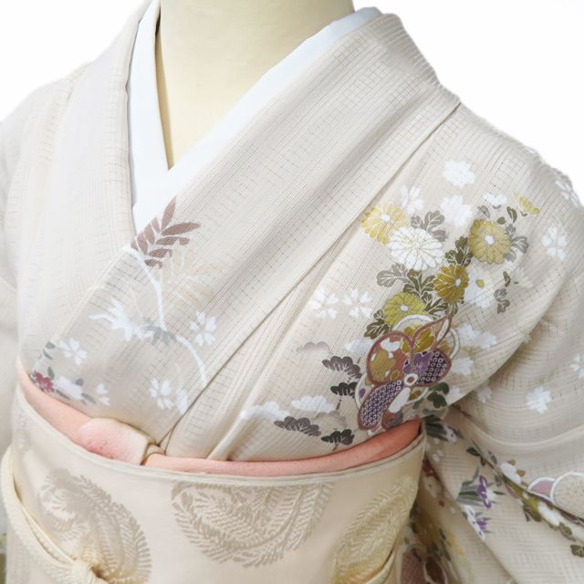 夏物 夏着物 訪問着 着物 中古 正絹 フォーマル 金駒刺繍 花の図