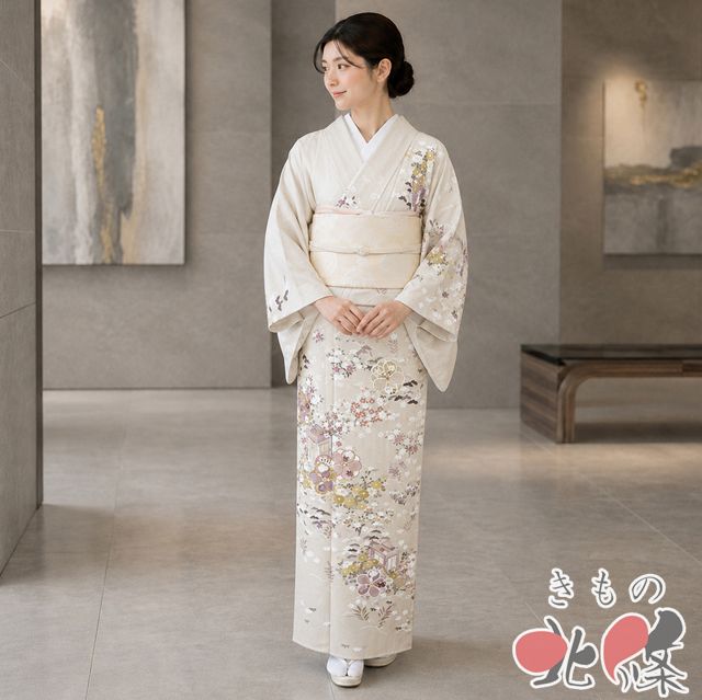 夏着物　訪問着 花柄と刺繍 ベージュ 夏物 夏着物 訪問着 着物 中古 正絹 フォーマル 金駒刺繍 花の図