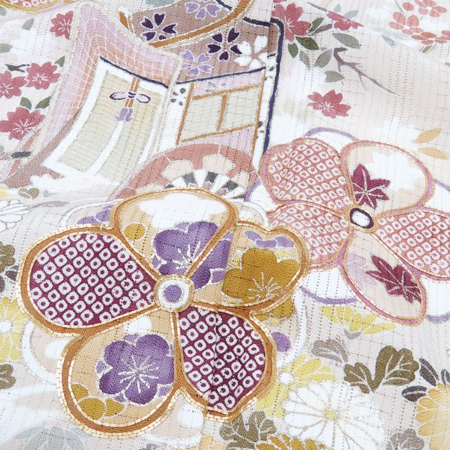 夏物 夏着物 訪問着 着物 中古 正絹 フォーマル 金駒刺繍 花の図