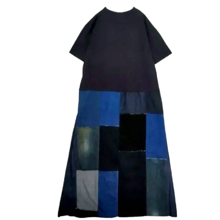 メル様◆ブラックデニムパッチワークジャンスカ◆リメイクTシャツワンピ リリメイク☆Tシャツ デニムスカート ドッキング ロングワンピース【L