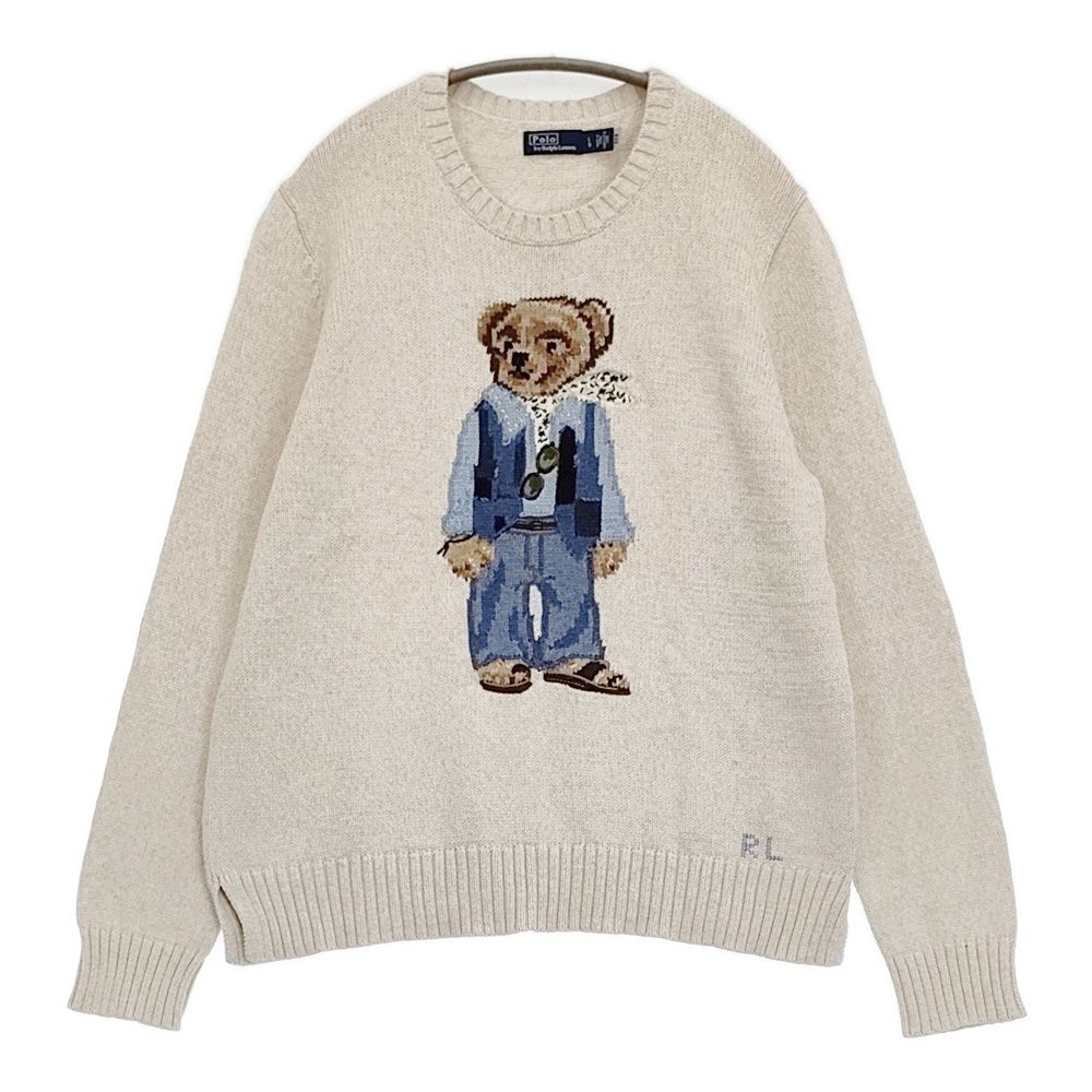 POLO RALPH LAUREN ポロベアコットンセーター 刺繍 ビーズ装飾 サイズL セーター ニット ベージュ レディース ポロ・ラルフローレン【中古】6-0603M♪