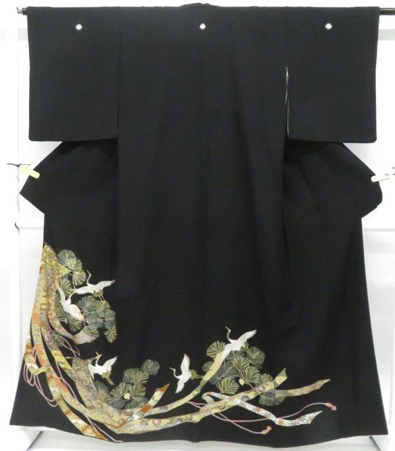 （1202）正絹 黒留袖 五つ紋 比翼付き 寛斎 鶴金刺繍 一輝堂】黒留袖 金彩友禅 金駒刺繍 五つ紋 比翼仕立て 鶴 着物 正絹