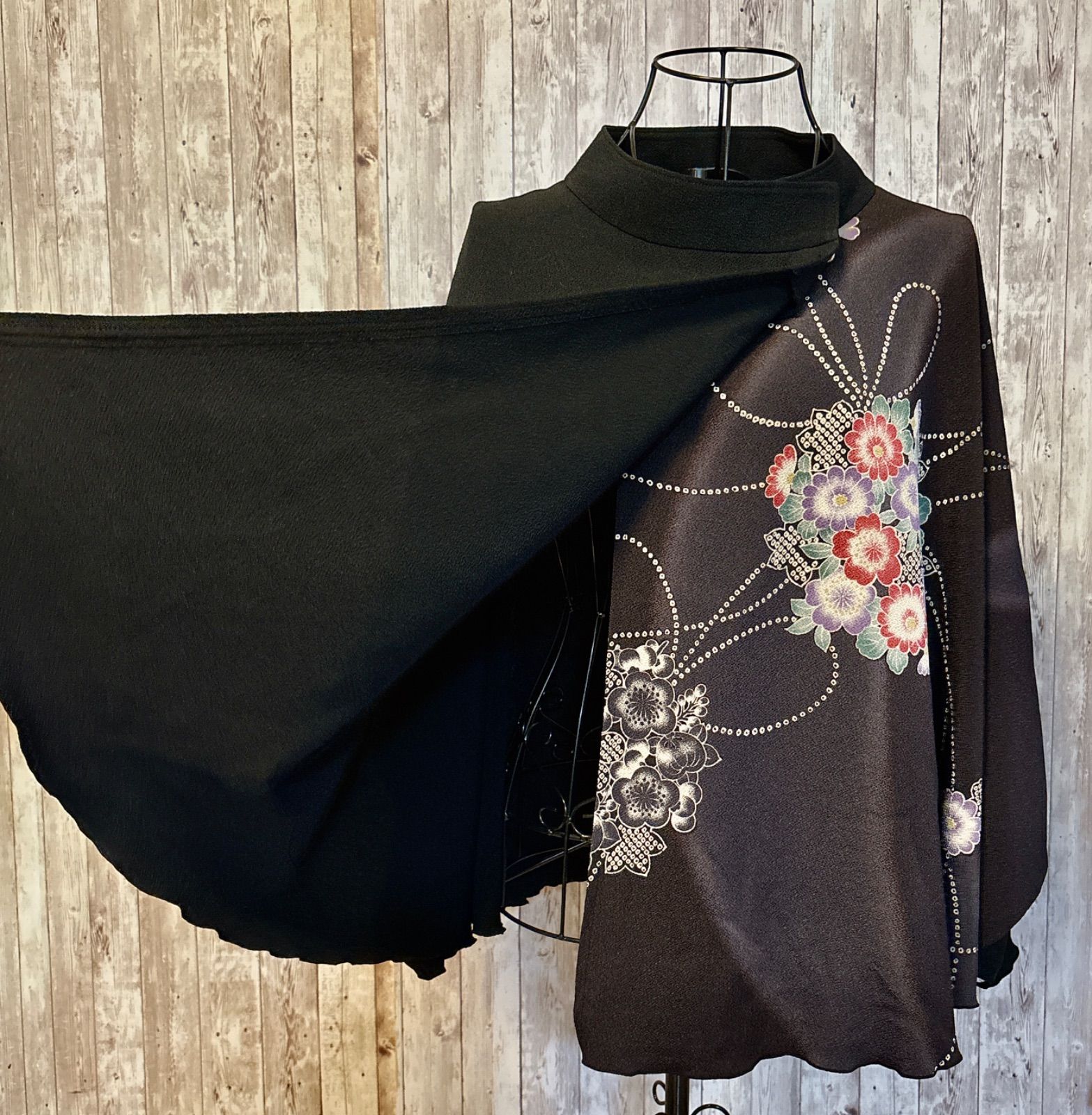 美品】詩仙堂 ポンチョ ケープ スタンドカラー ちりめん 菊 辻ヶ花