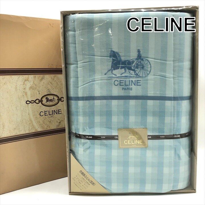 未使用保管品 CELINE セリーヌ 馬車 ロゴ 刺繍 チェック 掛け布団 中綿 生活 雑貨 寝具 インテリア ブランド ブルー c411