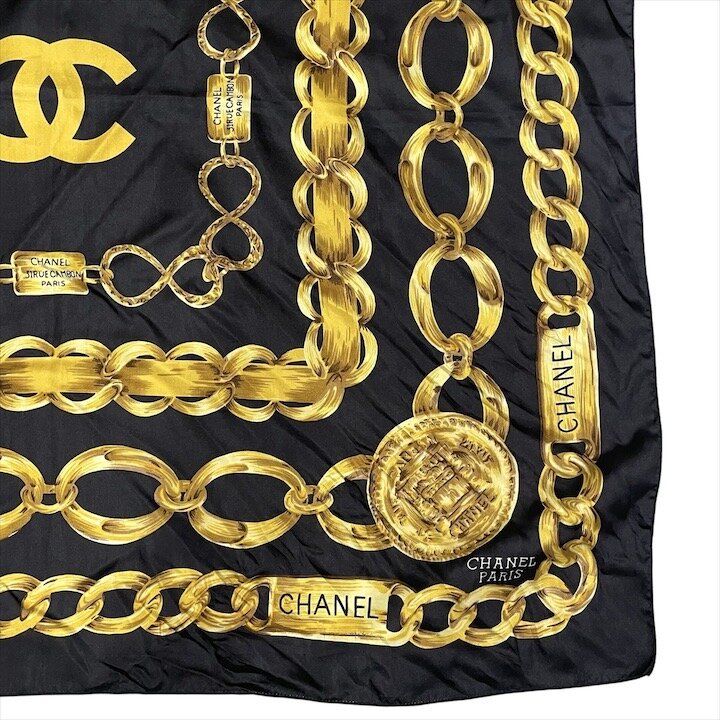 良品 CHANEL シャネル ココマーク チェーン ロゴ シルク スカーフ