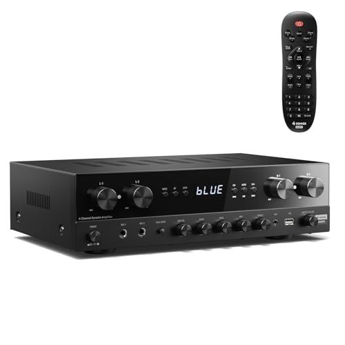 Donner パワーアンプ、オーディオアンプ Bluetooth 5.0、USB、FM、2マイクイン、エコー、RCA、家庭用ファイバー/同軸入力付きプレミアム1000W最大出力4チャンネルアンプ、カラオケ、シアタースピーカーt 3a8b851c