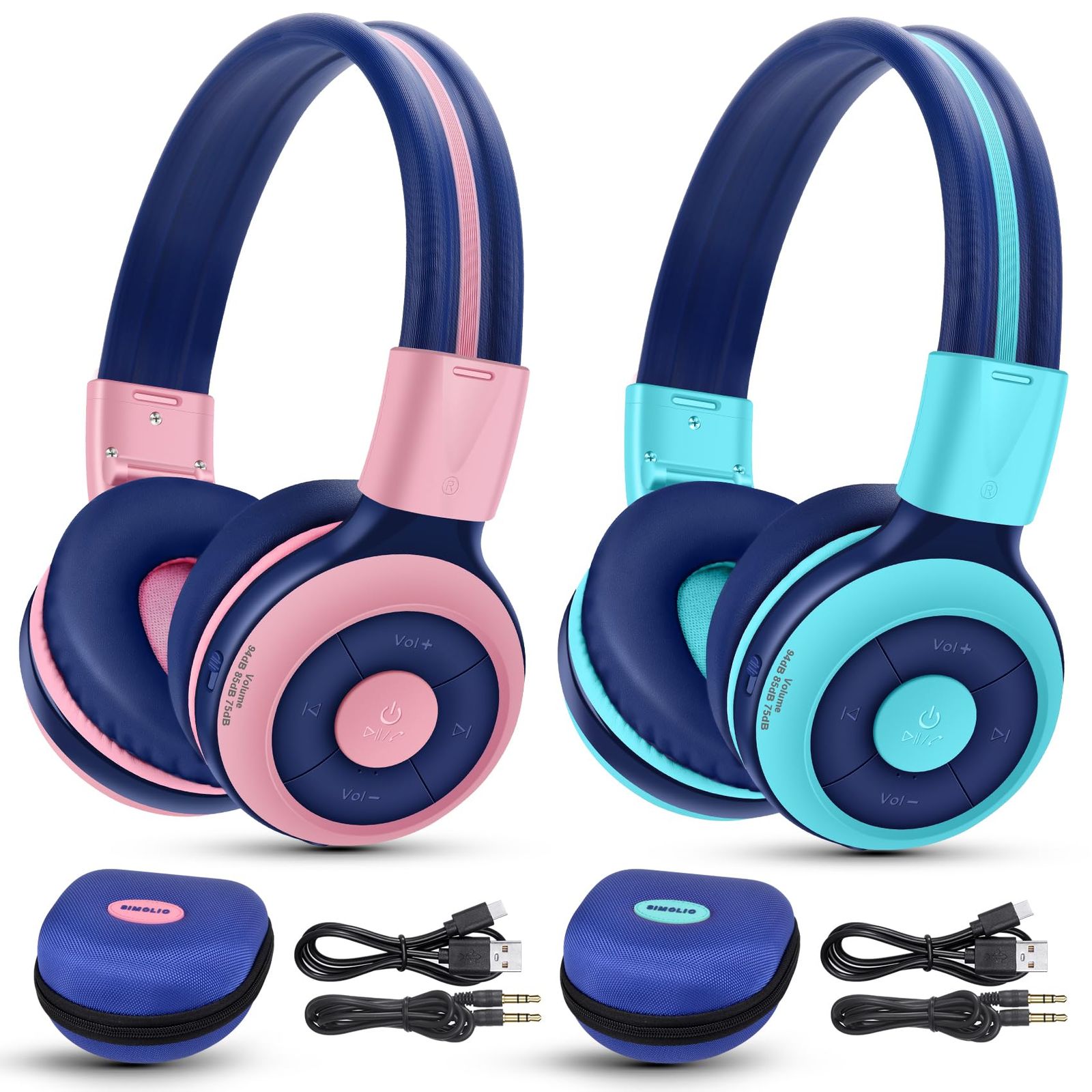 新品 SIMOLIO 2 パック 子供用 ワイヤレス ヘッドフォン 75dB、85dB、94dB 音量制限付き、マイクとハードケース付き キッズヘッドホン Bluetooth 女の子 男の子用 授業 音楽 会話 無線有線両用 712PM