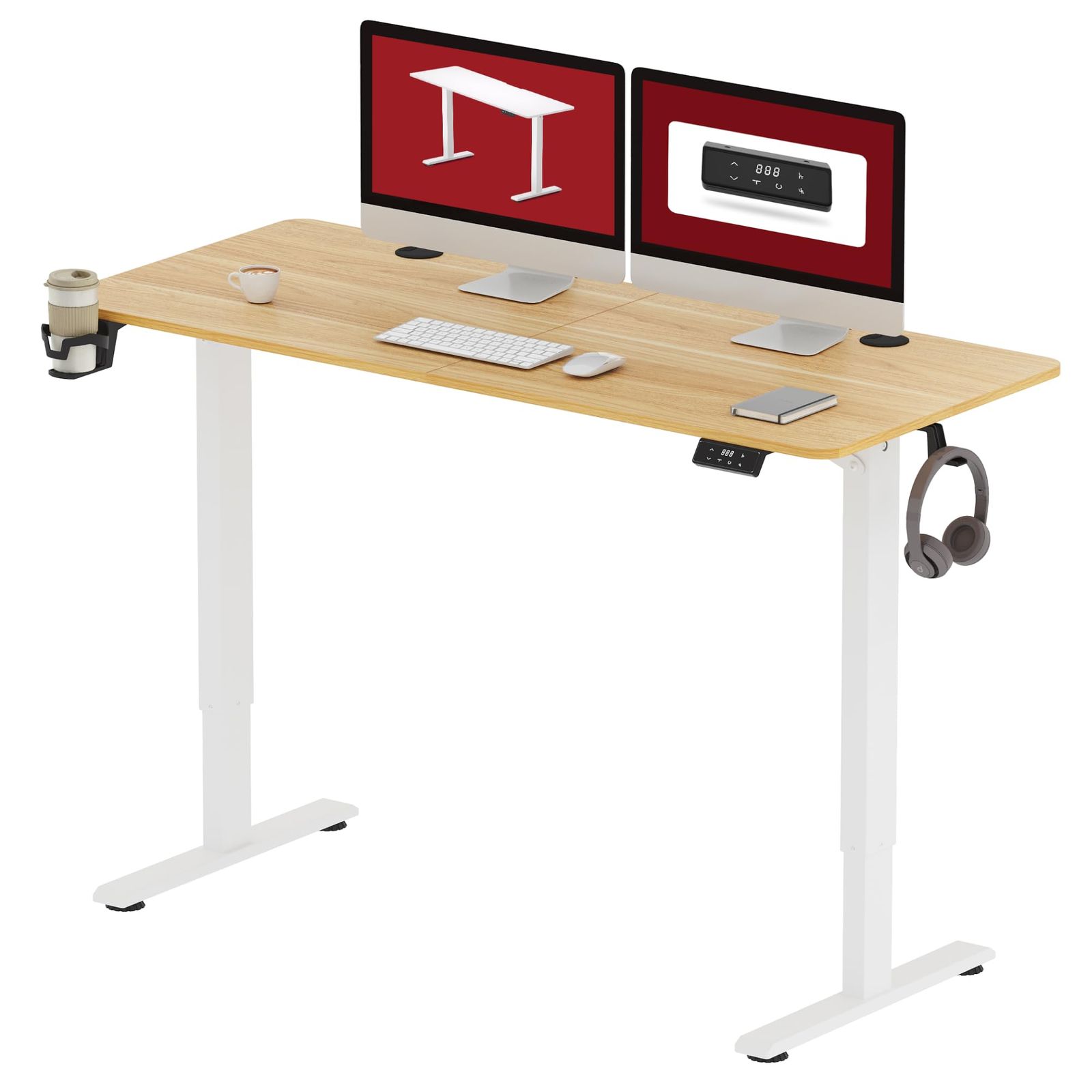 SANODESK 昇降デスク QS1 パソコンデスク スタンディングデスク メーカー3年保証 電動 無段階高さ調節 メモリー機能付き 人間工学 天板付きセット 組立簡単 (140×60cm, 脚部(白)+天板(メープル))ma