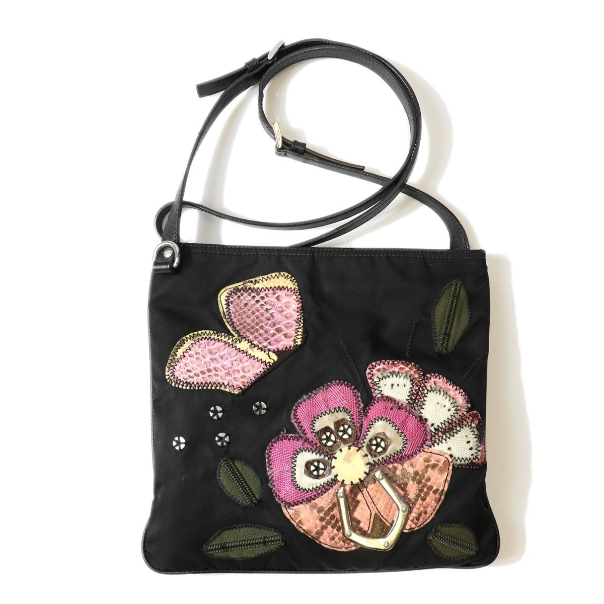 PRADA プラダ フラワー刺繍 ショルダーバッグ 薄型 サコッシュ ナイロン/パイソン ブラック レディース