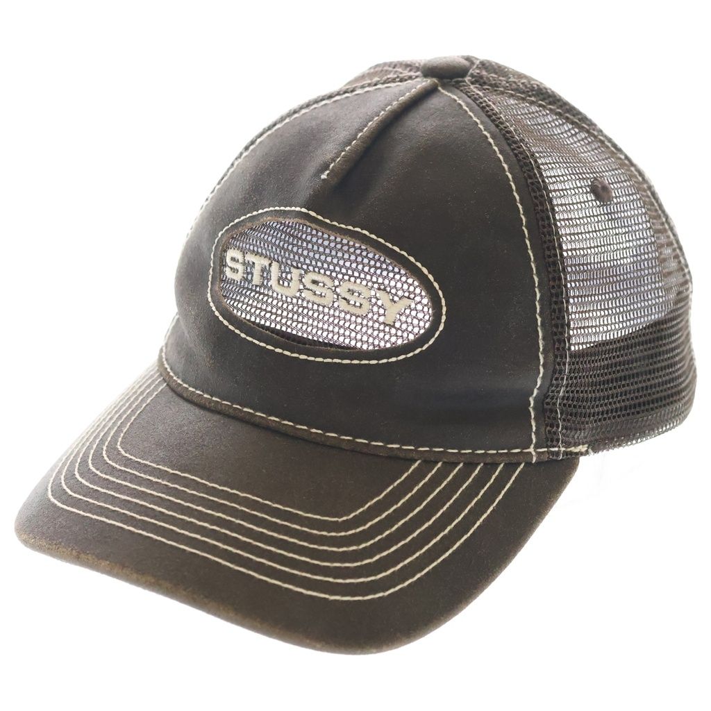 STUSSY (ステューシー) Cut Out Leather Trucker Cap ロゴ刺繍 カットアウト レザー メッシュ トラッカーキャップ ブラウン