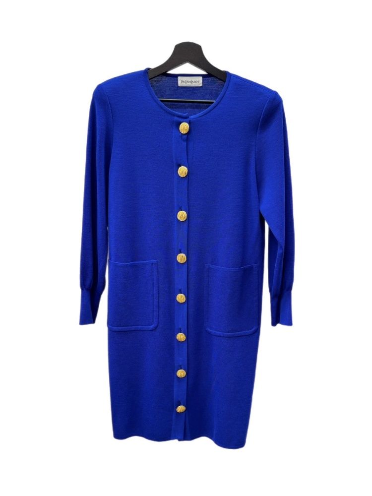 イヴ・サンローラン Yves Saint Laurent ロングニットカーディガン ゴールドボタン 羽織り ウール WOOL 毛 YSL レトロ オールド OLD ヴィンテージ BLUE 青 カーディガン 無地 ブルー Mサイズ 104LT-515