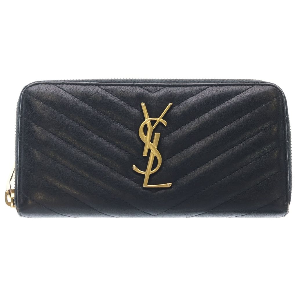 YVES SAINT LAURENT (イヴサンローラン) Vステッチ ラウンドファスナー ゴールド金具 長財布 358094 ブラック