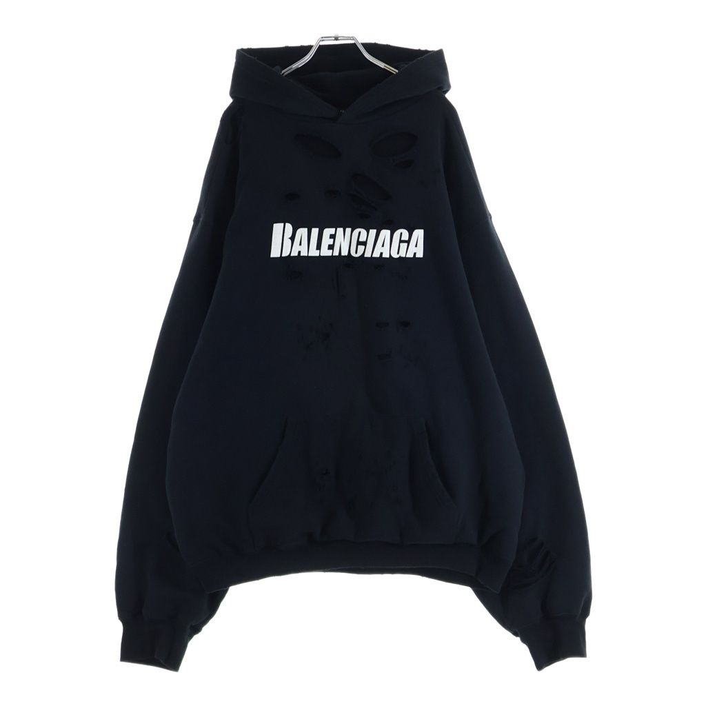 BALENCIAGA (バレンシアガ) 21SS デストロイ加工 ロゴミディアム フリースプルオーバーパーカー 659403 TKVB6 ブラック