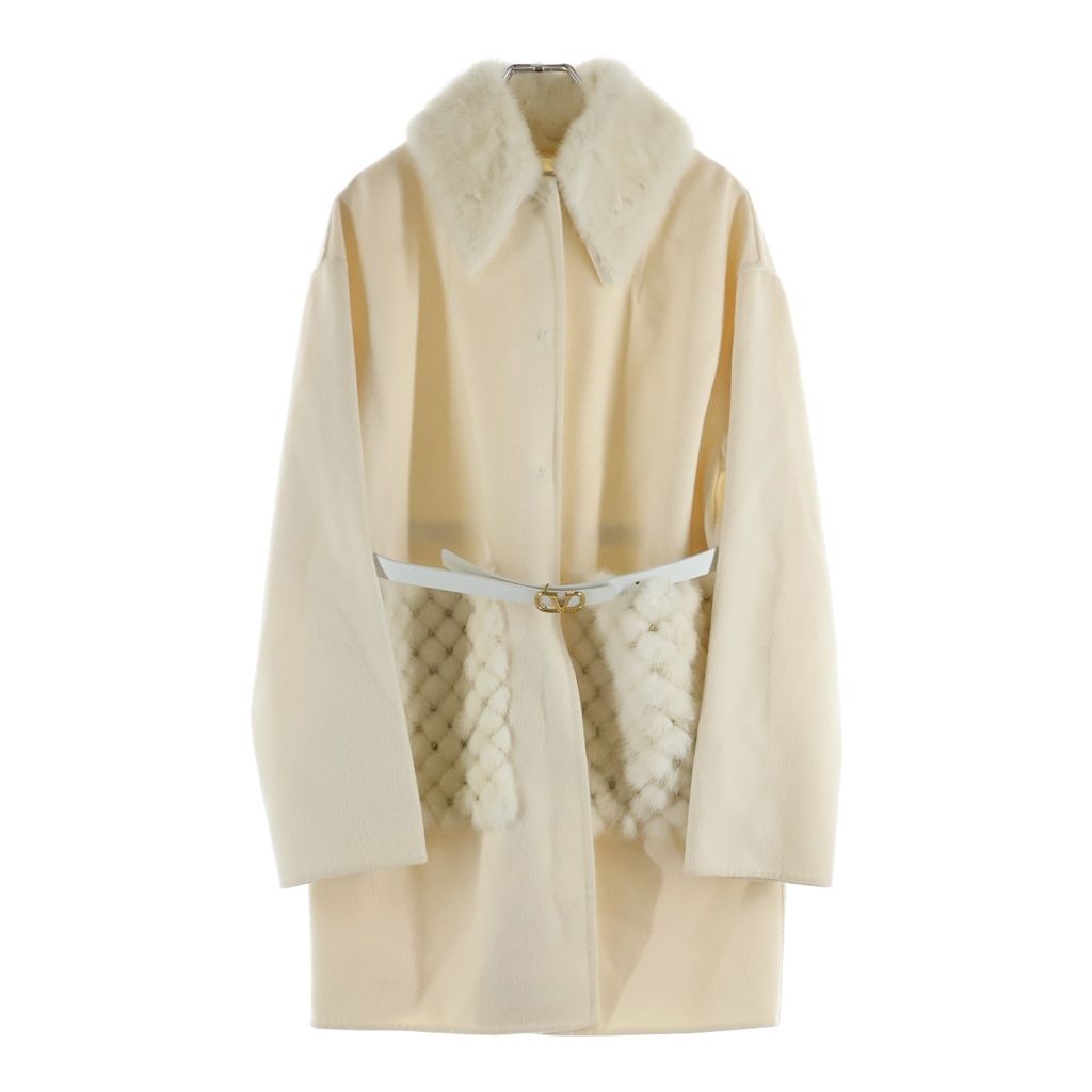 VALENTINO (ヴァレンティノ) ミンクファー ロックスタッズ スナップボタン ウール ステンカラーコート ホワイト レディース UF3FA751DMF