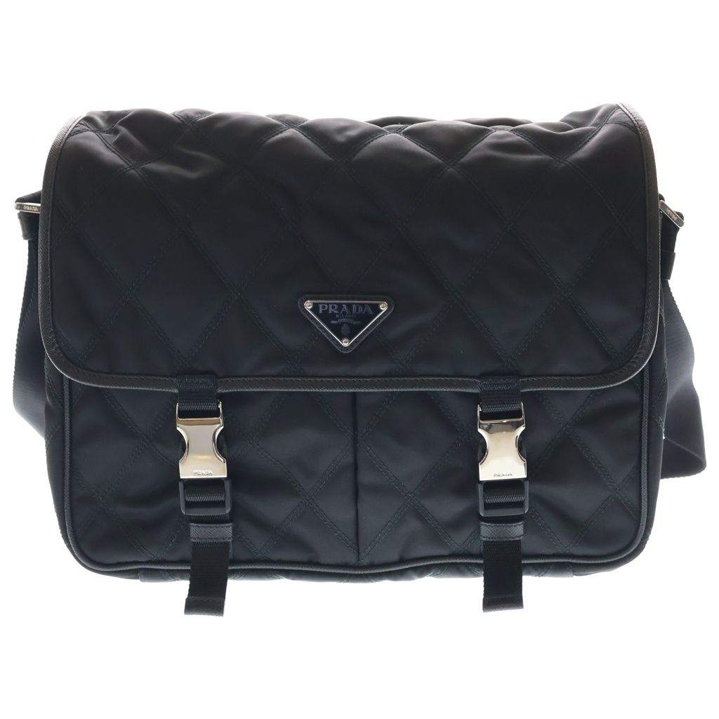 PRADA プラダ キルティング ナイロン トライアングルロゴプレート メッセンジャー ショルダーバッグ シルバー金具 ブラック 2VD768 PRADA (プラダ) キルティング ナイロン トライアングルロゴプレート