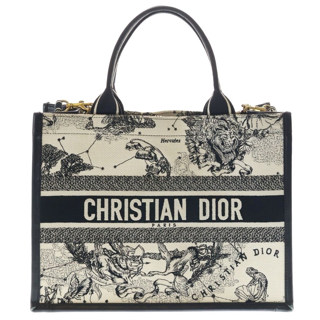 Christian Dior (クリスチャンディオール) ブックトート トートバッグ ハンドバッグ ブラック×ホワイト コットン×カーフスキン M1324CETW