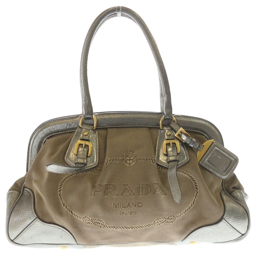 PRADA (プラダ) ロゴジャガード ハンドバッグ ベージュ×シルバー キャンバス×レザー BR3508 シルバー金具