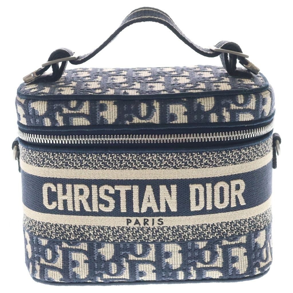 Christian Dior (クリスチャンディオール) トラベルバニティ ハンドバッグ ショルダーバッグ ミニバッグ オブリーク ネイビー キャンバス シルバー金具