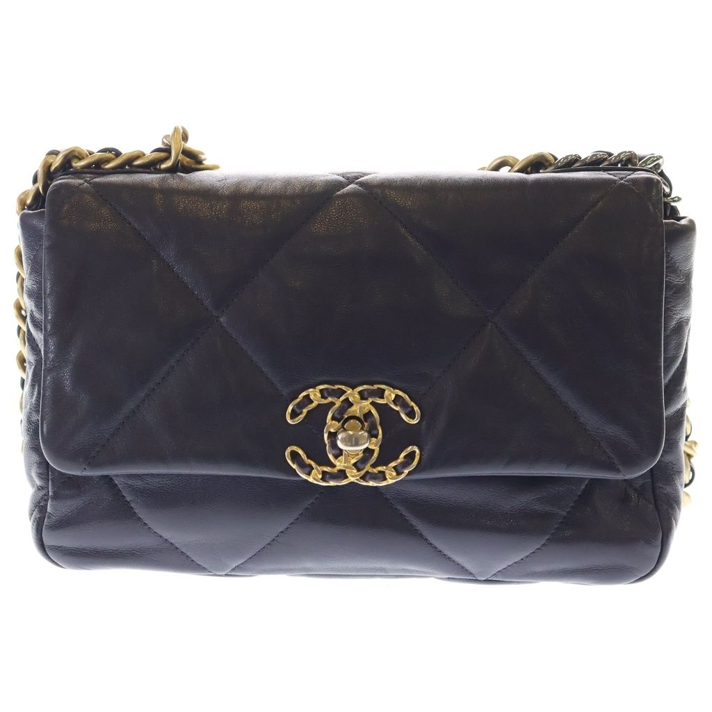 CHANEL (シャネル) シャネル19 ラムスキン ゴールド×シルバー金具 ターンロック 2WAY チェーンショルダーバッグ ハンドバッグ パープル