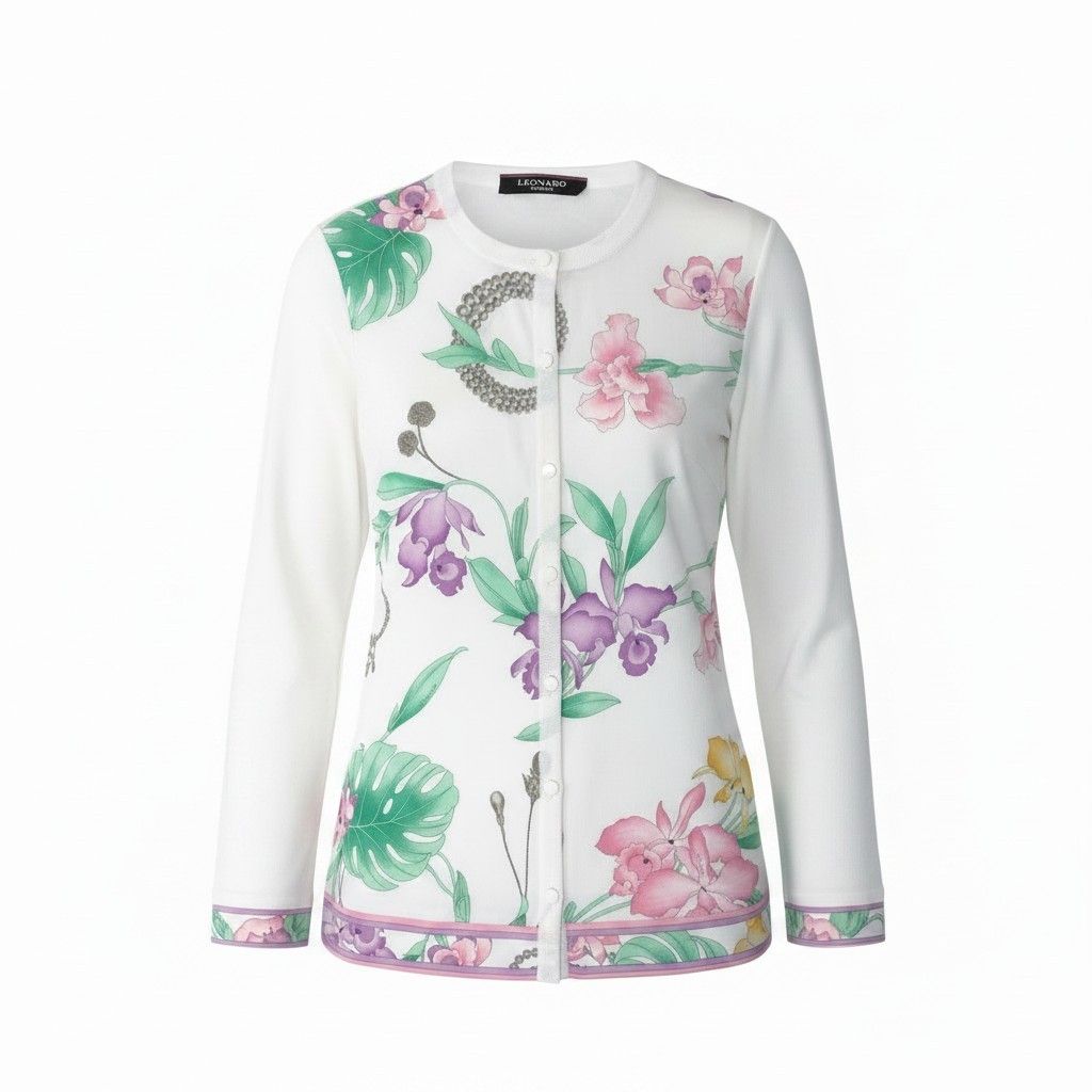 27f17 【美品】LEONARD レオナール ロングスリーブカーディガン カンカン切替 チュニック丈 美しい花柄プリント 0197764 38サイズ ホワイト レディース 女性用u02t