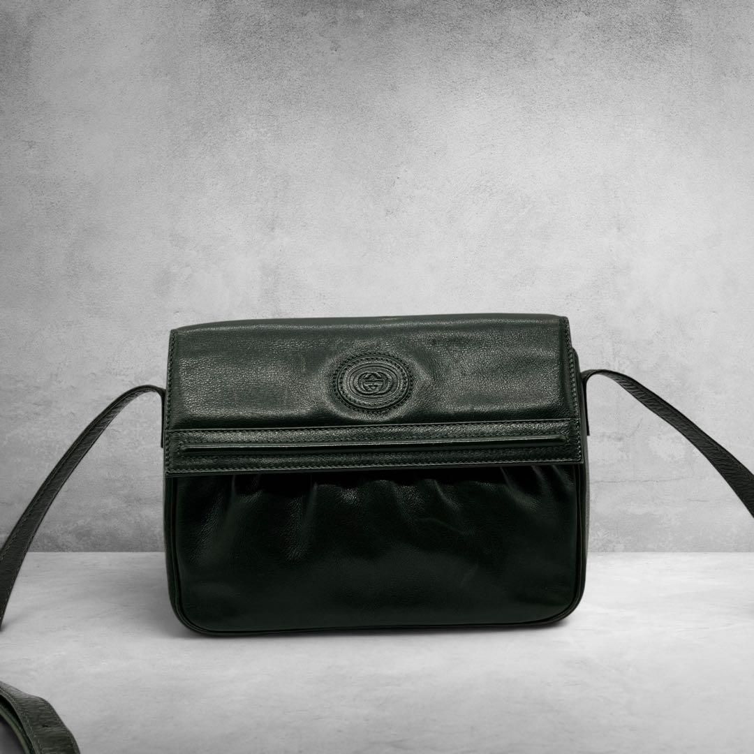 GUCCI グッチ OLD GUCCI オールドグッチ ヴィンテージ Vintage インターロッキングG GGロゴ レザー 本革 ショルダーバッグ ポシェット クロスボディ ボトルグリーン ダークグリーン ゴールド金具 レディース メンズ 3076