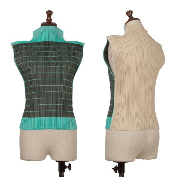 プリーツプリーズPLEATS PLEASE ボーダープリント切替ハイネックタンクトップ ターコイズカーキ他3